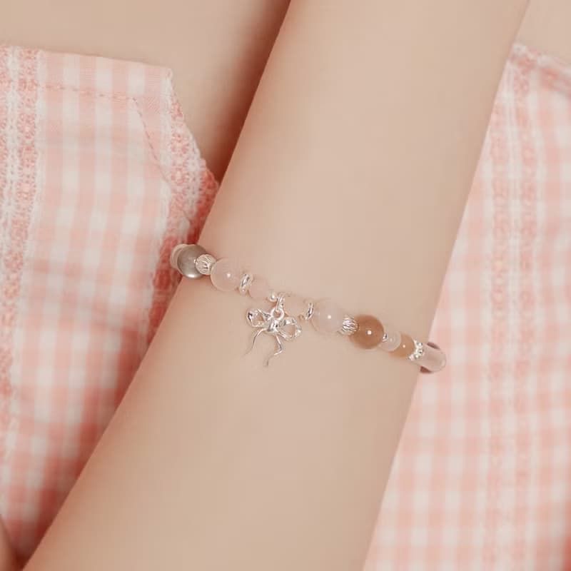 浪漫少女 |  粉歐泊 太陽石 S925純銀 | 蝴蝶結水晶手鍊