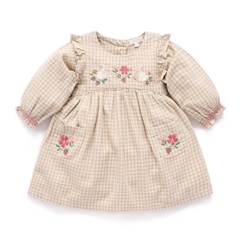 澳洲Purebaby有機棉女童長袖洋裝/童裝裙 12M-5T 杏色格子