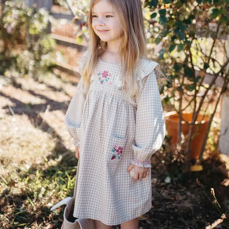 澳洲Purebaby有機棉女童長袖洋裝/童裝裙 12M-5T 杏色格子