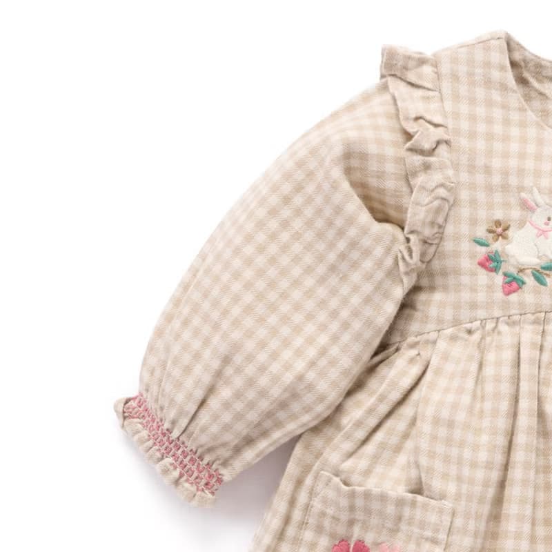 澳洲Purebaby有機棉女童長袖洋裝/童裝裙 12M-5T 杏色格子