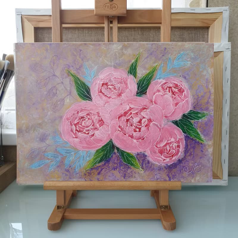 Pink Roses Painting Flower Original Art Floral Bouquet Wall Art Acrylic Painting