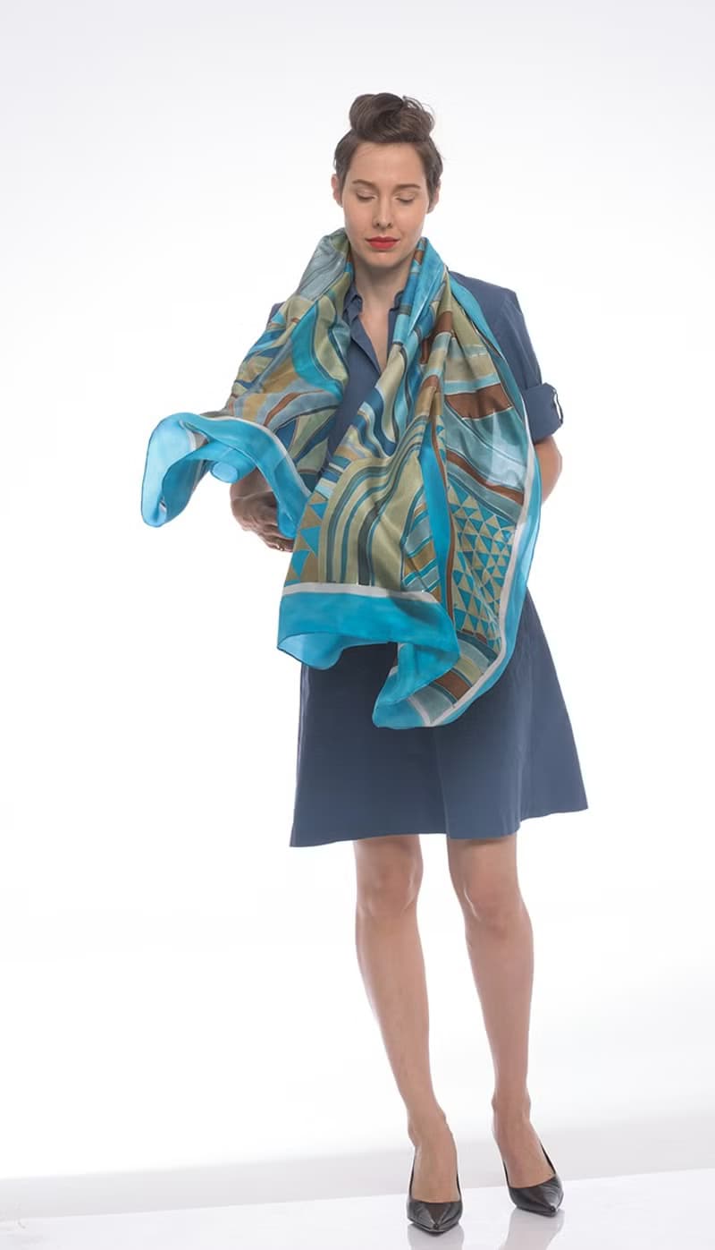 Silk shawl.Striped silk scarf hand painted. Designer Scarves/ Luxury shawl. Geometric Blue brown silk shawl