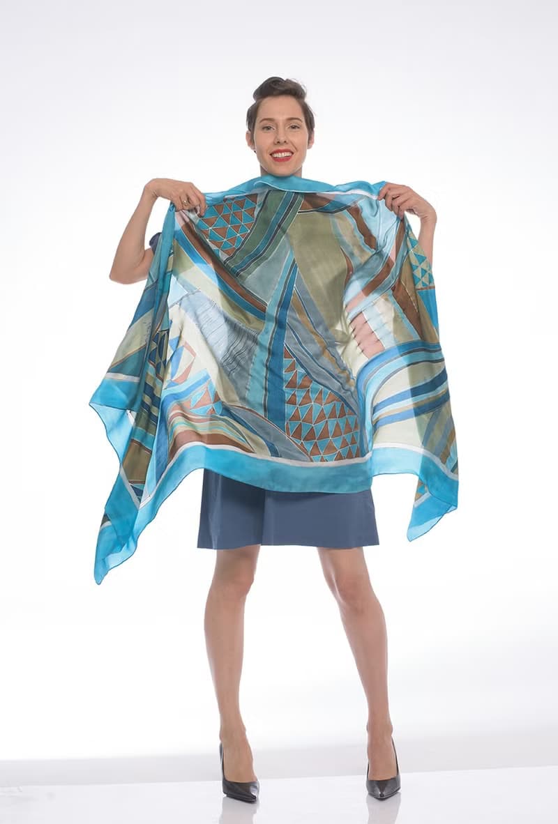 Silk shawl.Striped silk scarf hand painted. Designer Scarves/ Luxury shawl. Geometric Blue brown silk shawl