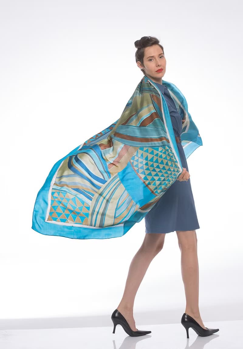 Silk shawl.Striped silk scarf hand painted. Designer Scarves/ Luxury shawl. Geometric Blue brown silk shawl