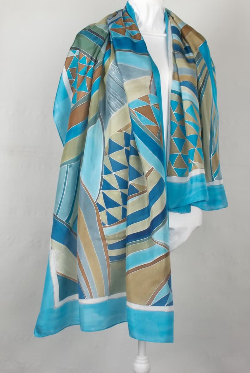 Silk shawl.Striped silk scarf hand painted. Designer Scarves/ Luxury shawl. Geometric Blue brown silk shawl