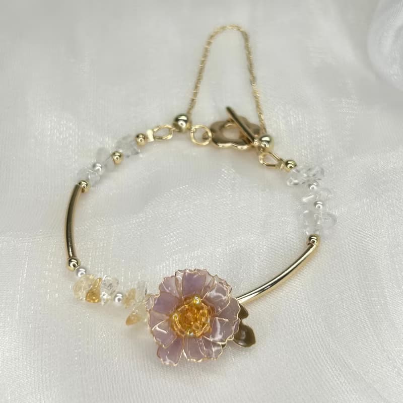 【紫色野菊x黃水晶-水晶花手鍊】11月生日花生日石 花言日和