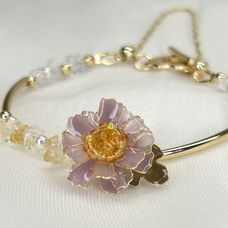 【紫色野菊x黃水晶-水晶花手鍊】11月生日花生日石 花言日和