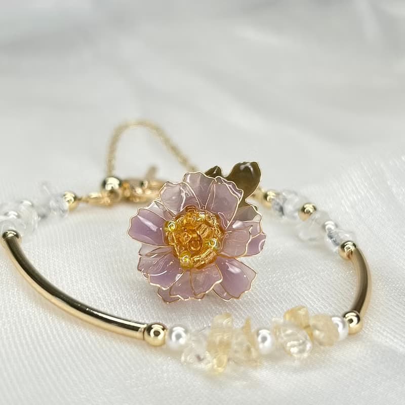 【紫色野菊x黃水晶-水晶花手鍊】11月生日花生日石 花言日和