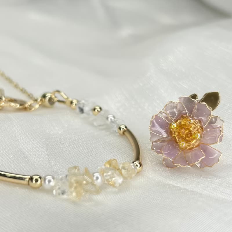 【紫色野菊x黃水晶-水晶花手鍊】11月生日花生日石 花言日和