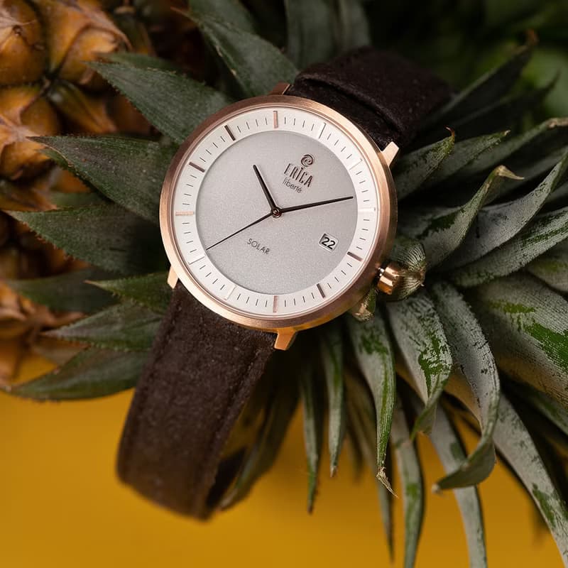 工藝匠心 環保之芯ERICA LIBERT太陽能鳳梨皮帶腕錶-套組復古棕