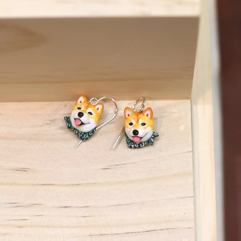 Shiba Inu dog wearing the green scarf earrings, Dangle & Drop Earrings
