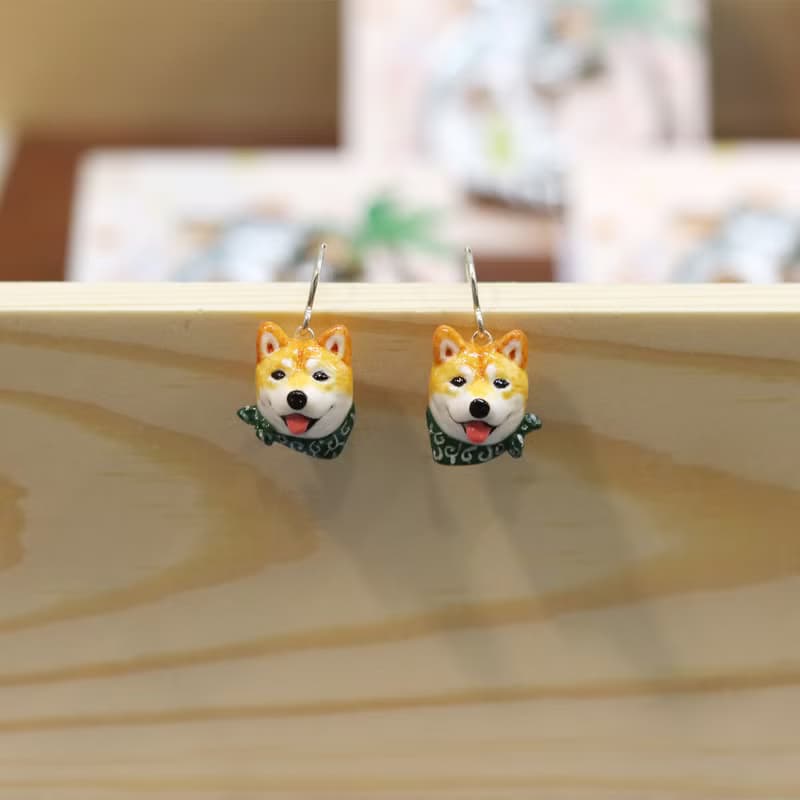 Shiba Inu dog wearing the green scarf earrings, Dangle & Drop Earrings