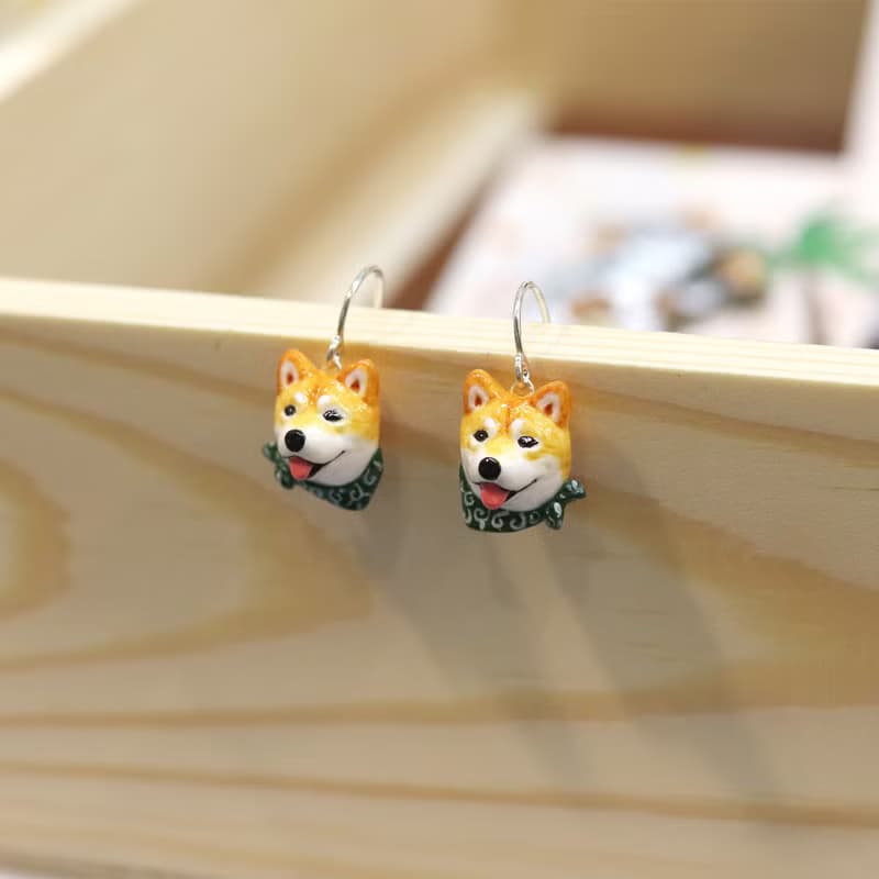 Shiba Inu dog wearing the green scarf earrings, Dangle & Drop Earrings