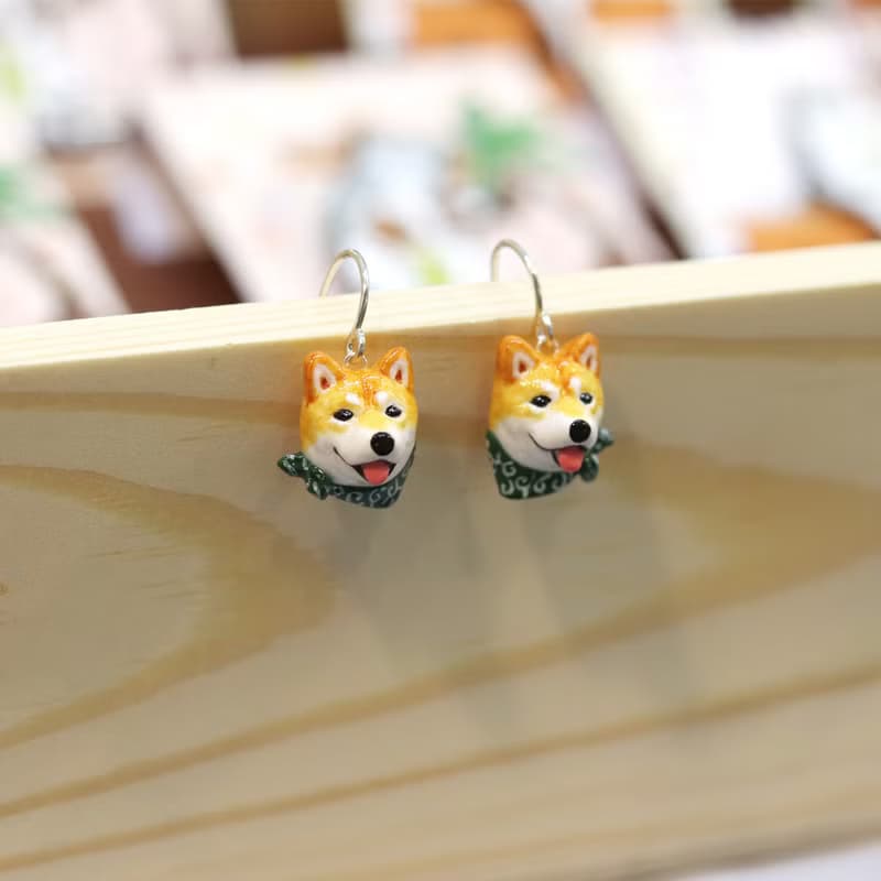 Shiba Inu dog wearing the green scarf earrings, Dangle & Drop Earrings