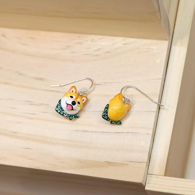 Shiba Inu dog wearing the green scarf earrings, Dangle & Drop Earrings