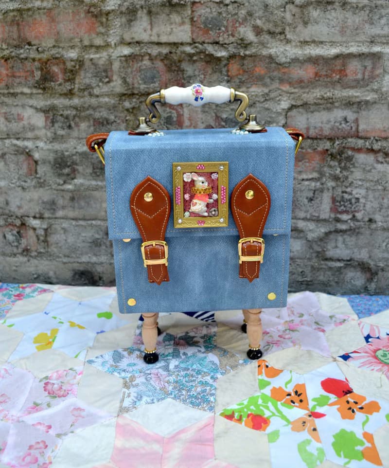 兔子牛仔布綴水晶石方型盒子手袋 復古抽屜把手 全手工做木質腳