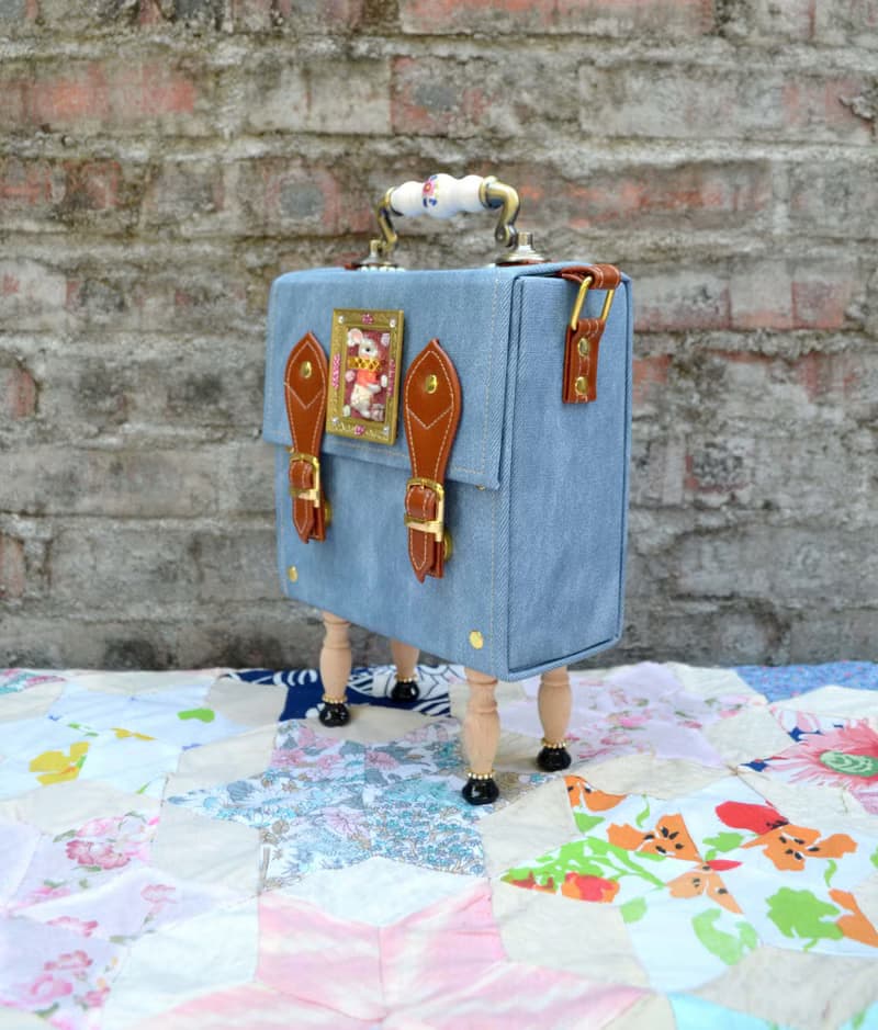 兔子牛仔布綴水晶石方型盒子手袋 復古抽屜把手 全手工做木質腳