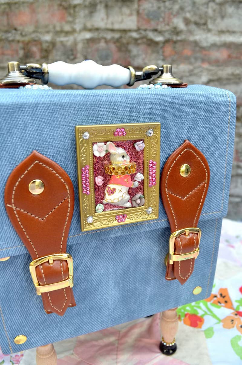 兔子牛仔布綴水晶石方型盒子手袋 復古抽屜把手 全手工做木質腳