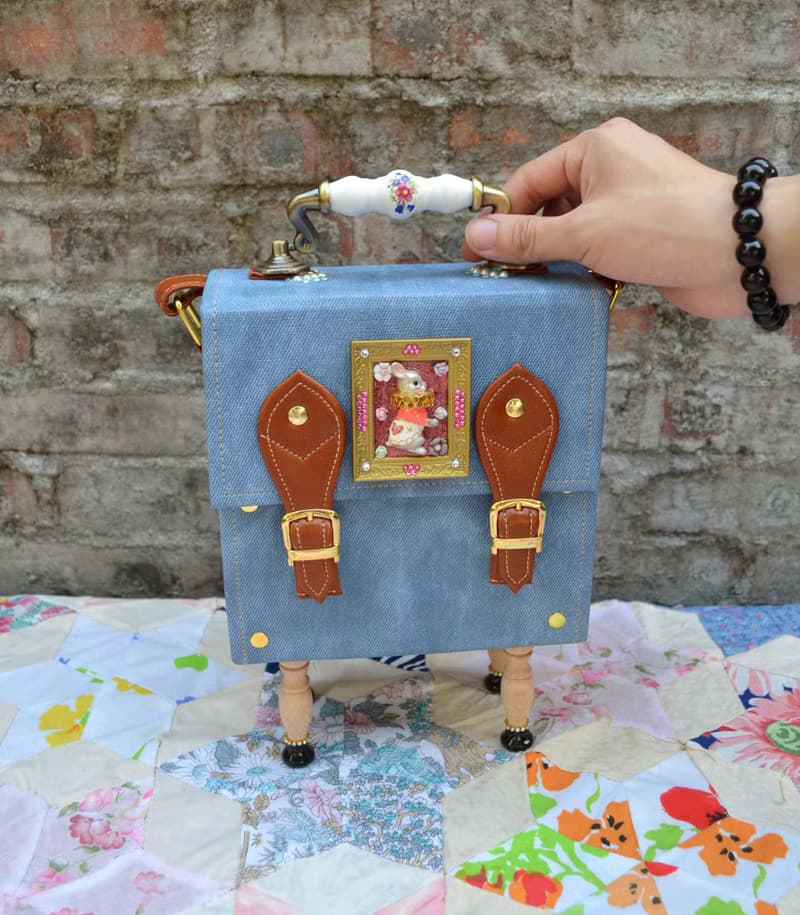 兔子牛仔布綴水晶石方型盒子手袋 復古抽屜把手 全手工做木質腳