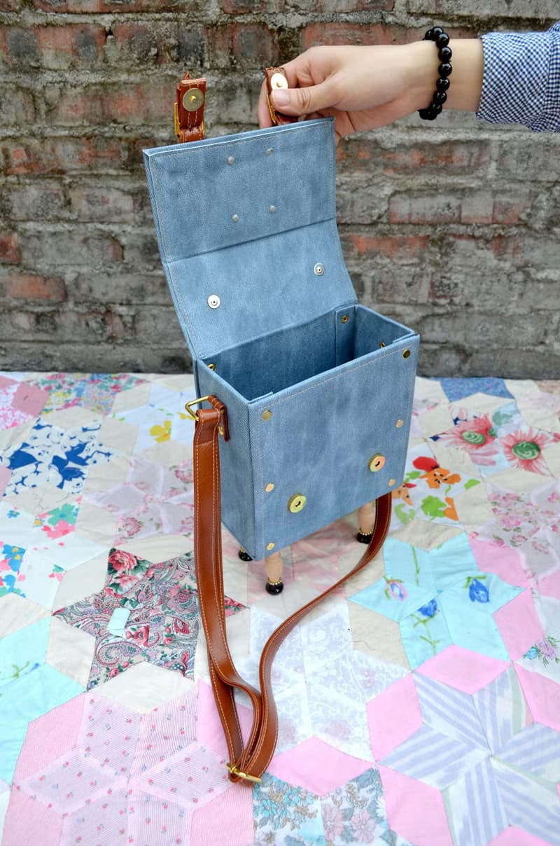 兔子牛仔布綴水晶石方型盒子手袋 復古抽屜把手 全手工做木質腳