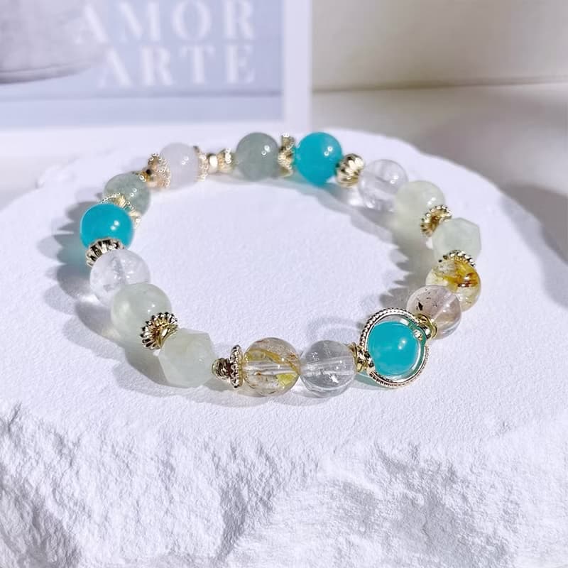 挪威森林—河 托帕石|天河石|葡萄石|綠草莓晶|水晶手鍊A25-1