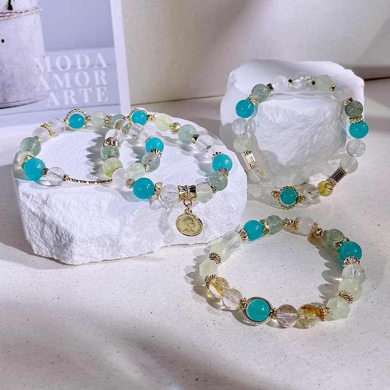 挪威森林—河 托帕石|天河石|葡萄石|綠草莓晶|水晶手鍊A25-1