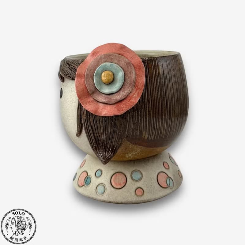 SOLO歐洲家居-手工台灣陶 粉紅花朵小女孩花器 13.5cm 花盆 擺件