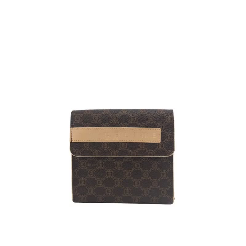 【 日本直送　名牌中古包 】CELINE セリーヌ マカダム ブランドロゴ レザー 二つ折り 財布 ブラウン vintage ヴィンテージ b55fgb