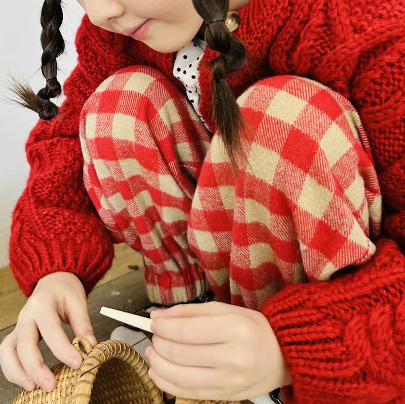 紅白格子磨毛長褲 / 褲子 童裝