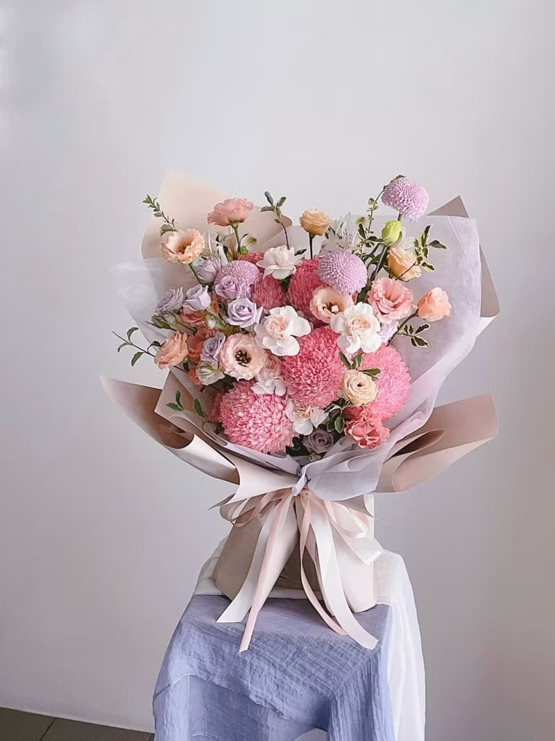 【鮮花】粉紫色牡丹菊康乃馨鮮花花束
