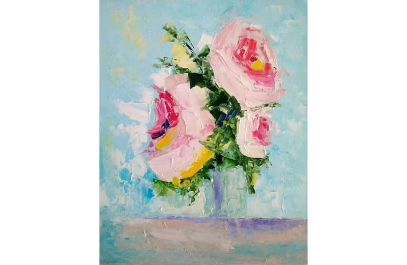 Pink Roses Bouquet Painting, Floral Wall Art, Flower Picture, Gift for Woman