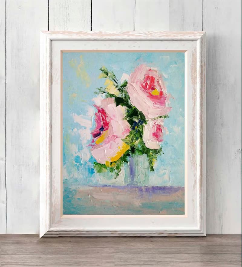 Pink Roses Bouquet Painting, Floral Wall Art, Flower Picture, Gift for Woman