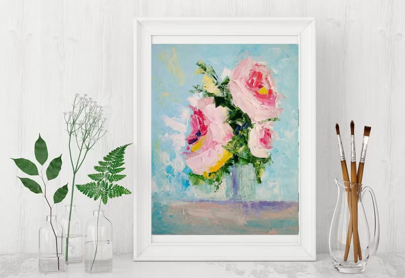 Pink Roses Bouquet Painting, Floral Wall Art, Flower Picture, Gift for Woman