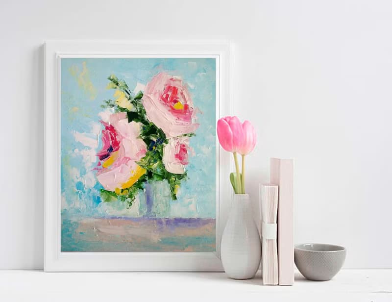 Pink Roses Bouquet Painting, Floral Wall Art, Flower Picture, Gift for Woman