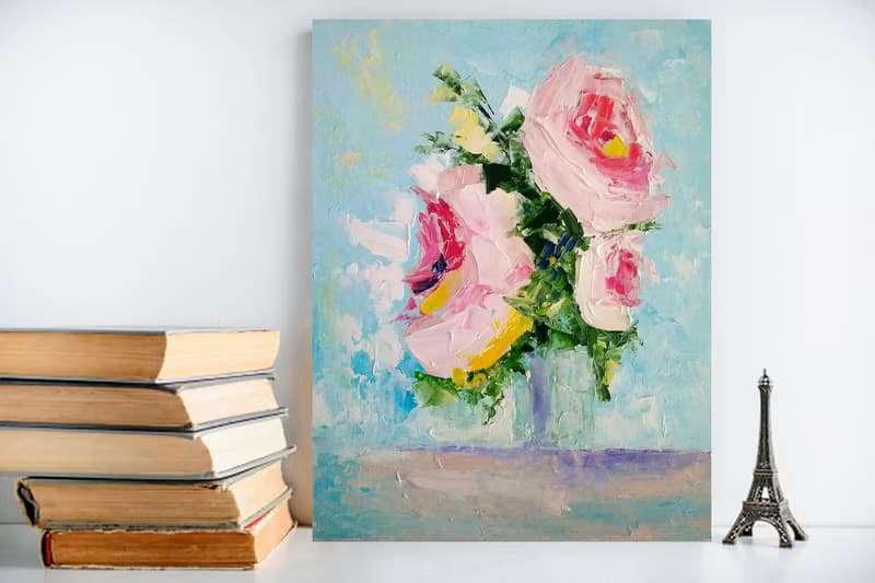 Pink Roses Bouquet Painting, Floral Wall Art, Flower Picture, Gift for Woman