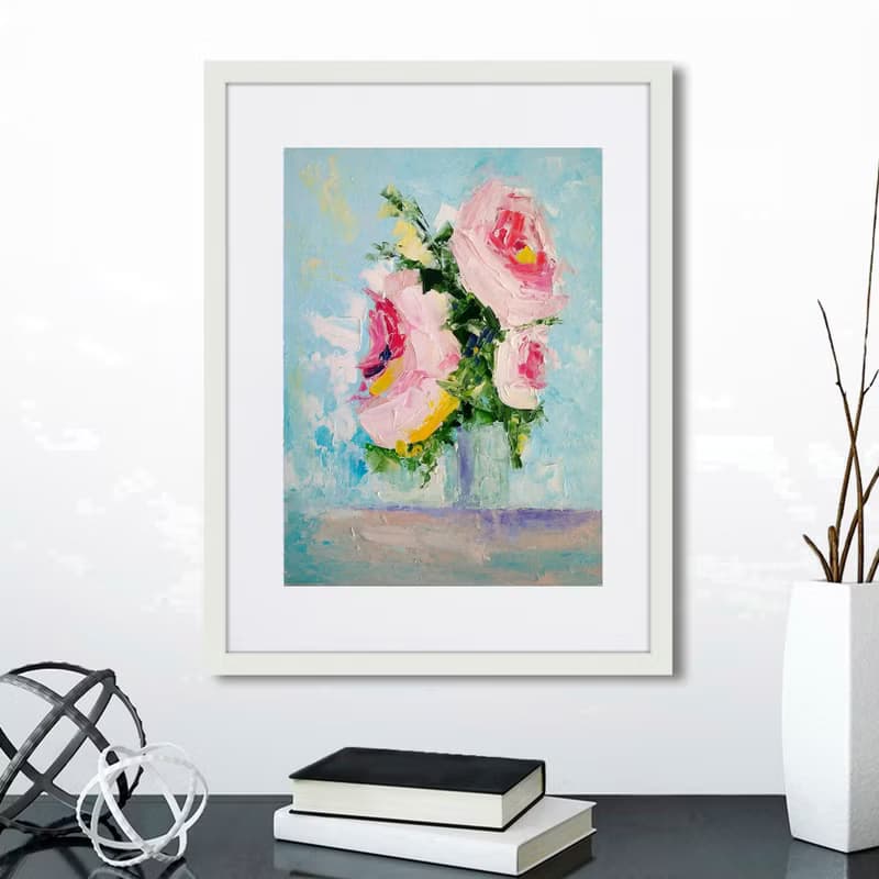 Pink Roses Bouquet Painting, Floral Wall Art, Flower Picture, Gift for Woman
