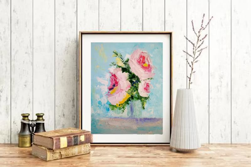 Pink Roses Bouquet Painting, Floral Wall Art, Flower Picture, Gift for Woman