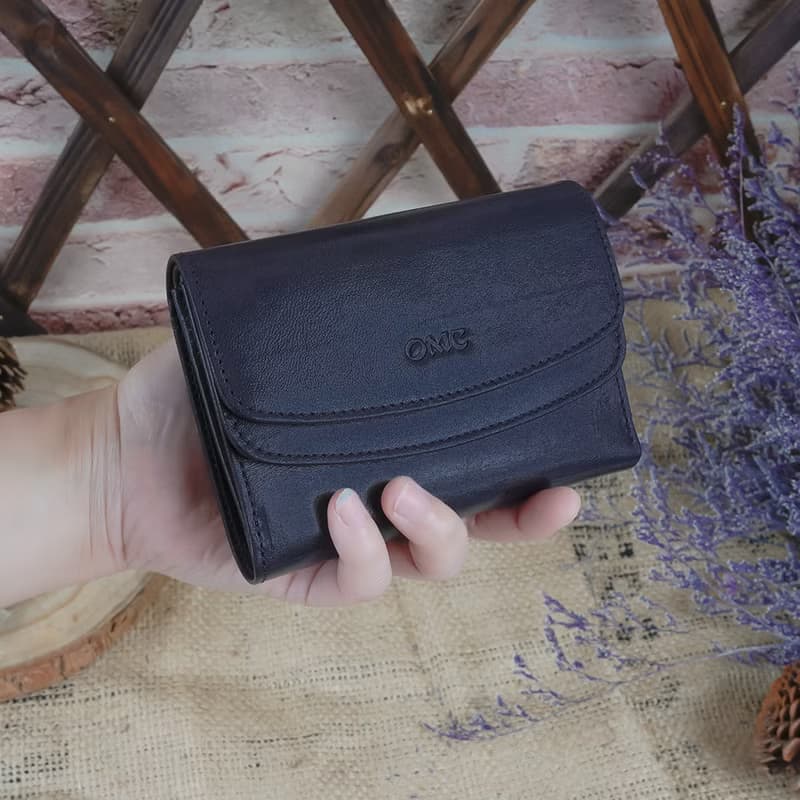 義大利植鞣革雙層蓋活頁牛皮中夾(深藍)