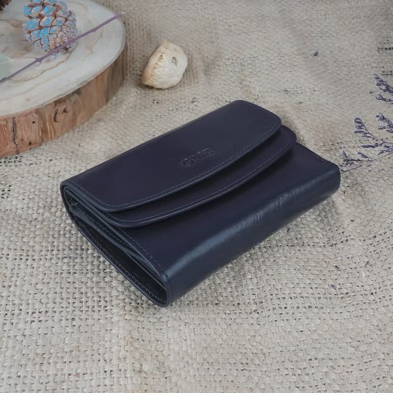 義大利植鞣革雙層蓋活頁牛皮中夾(深藍)