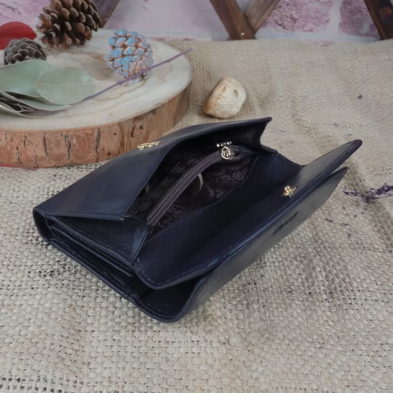 義大利植鞣革雙層蓋活頁牛皮中夾(深藍)