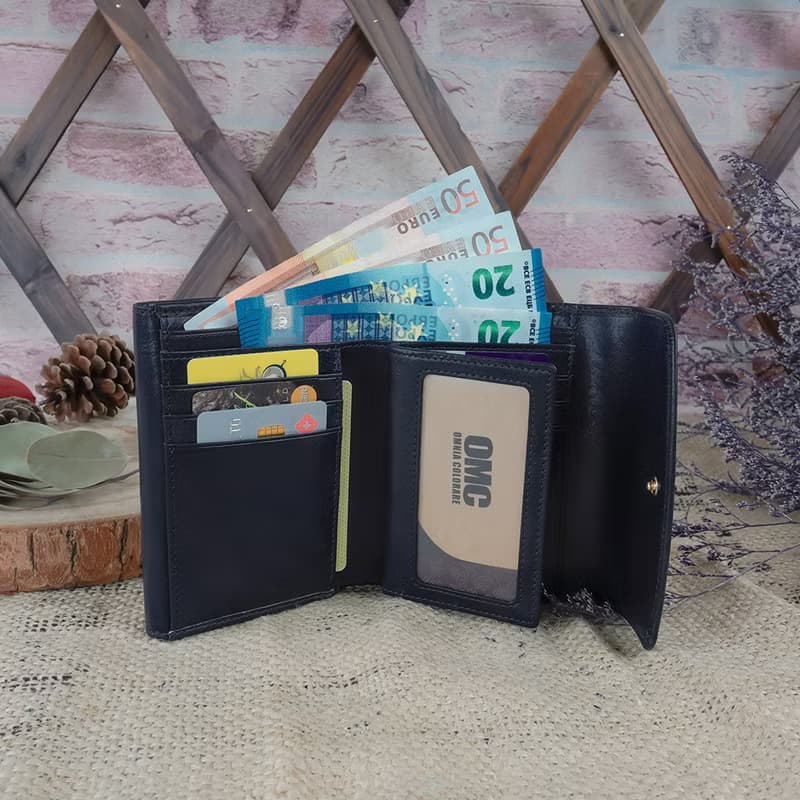 義大利植鞣革雙層蓋活頁牛皮中夾(深藍)