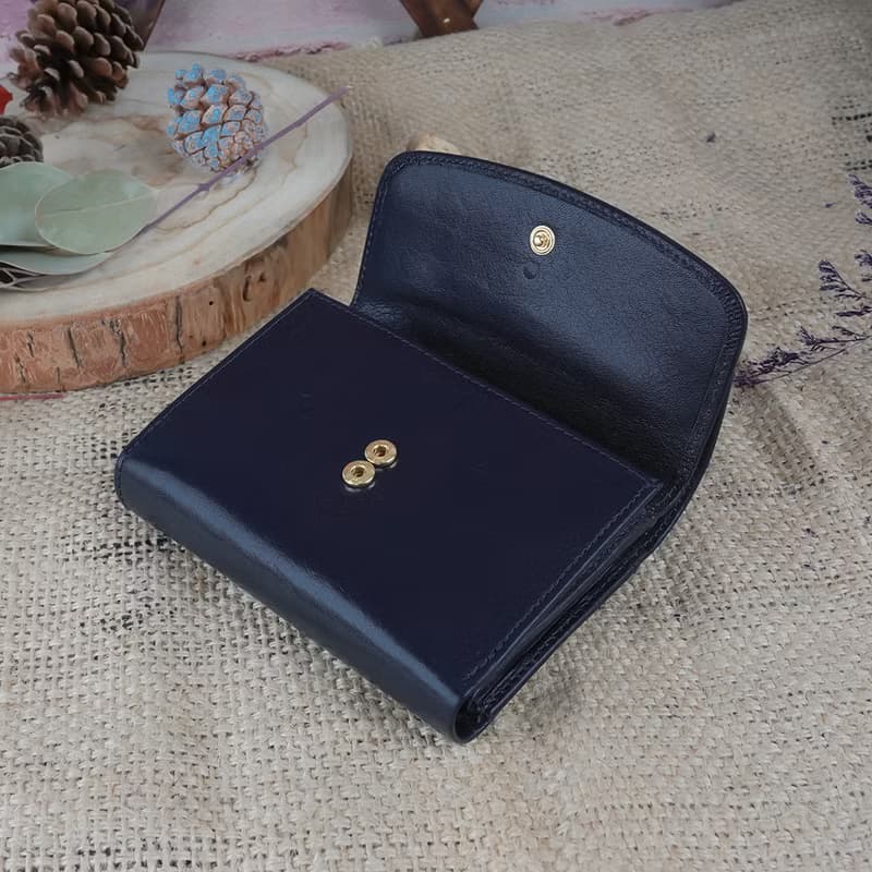 義大利植鞣革雙層蓋活頁牛皮中夾(深藍)