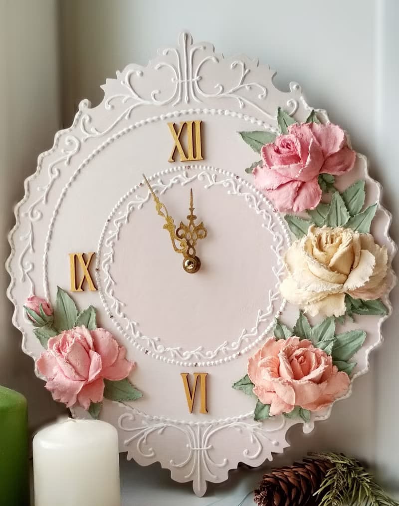 掛鐘 Wall clock with roses Pink Flower clock Silent wall clock for bedroom Gift