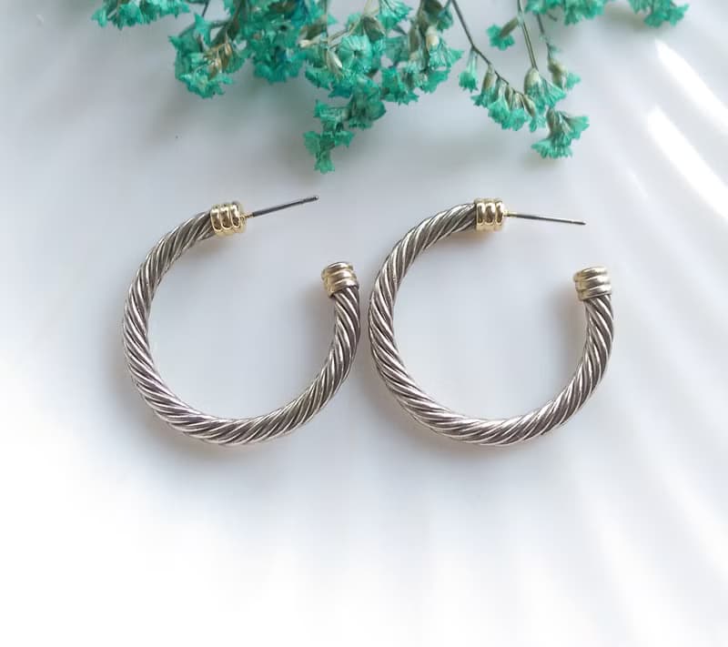 Vintage Jewelry 西洋古董飾品 銀色調 簡約 扭旋C圈 針式耳環