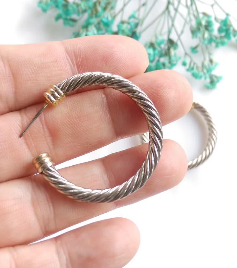 Vintage Jewelry 西洋古董飾品 銀色調 簡約 扭旋C圈 針式耳環