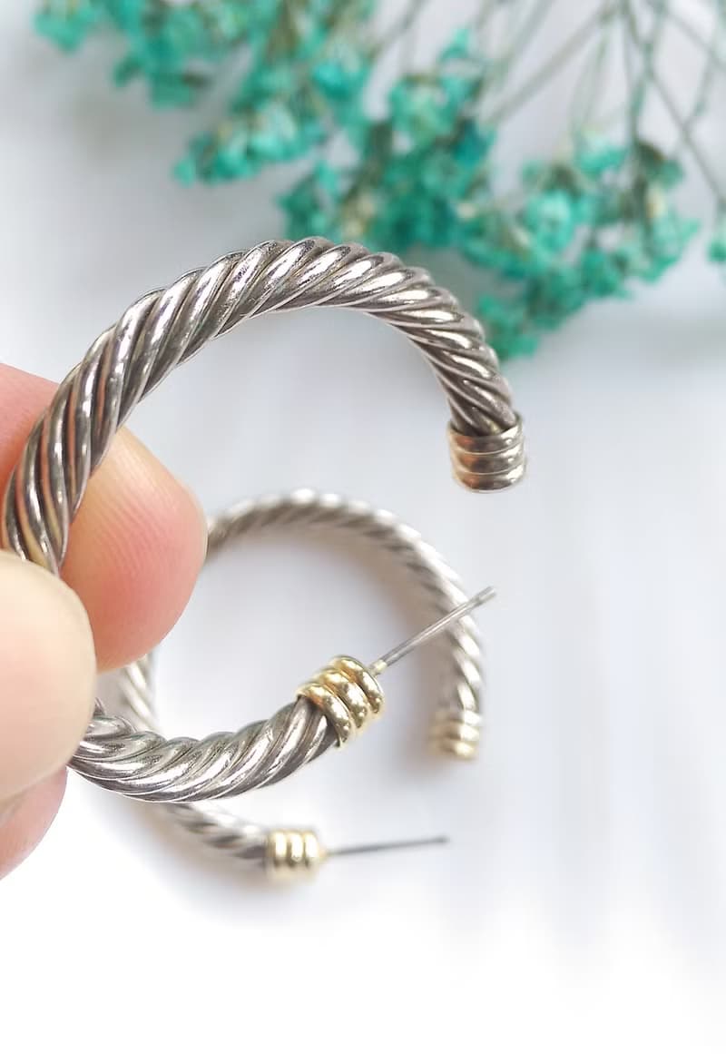 Vintage Jewelry 西洋古董飾品 銀色調 簡約 扭旋C圈 針式耳環
