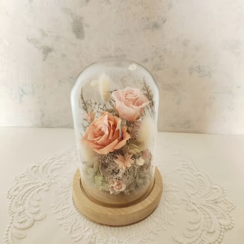 玻璃花鐘 粉橘金色系 永生玫瑰 節日禮物 生日禮物