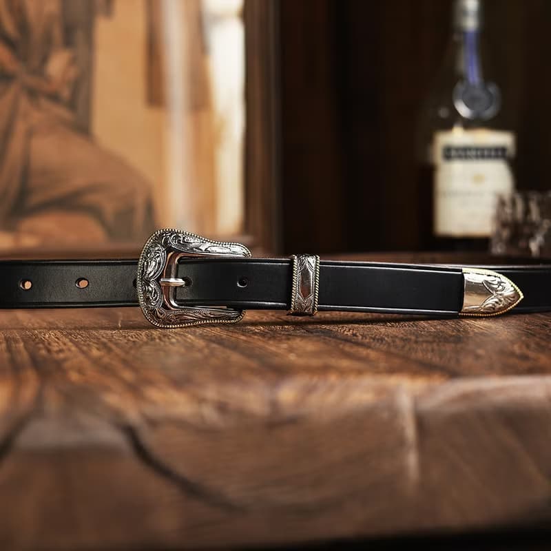 【男女皆宜】美式騎兵腰帶 鍍銀雕花皮帶 西部牛仔褲帶 牛皮 禮物