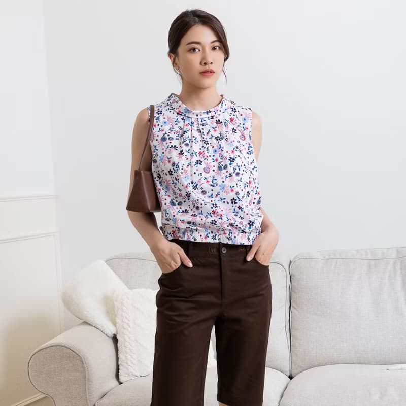 【MEDUSA】小立圓領粉藍小花背心上衣(M-XL) | 女休閒上衣