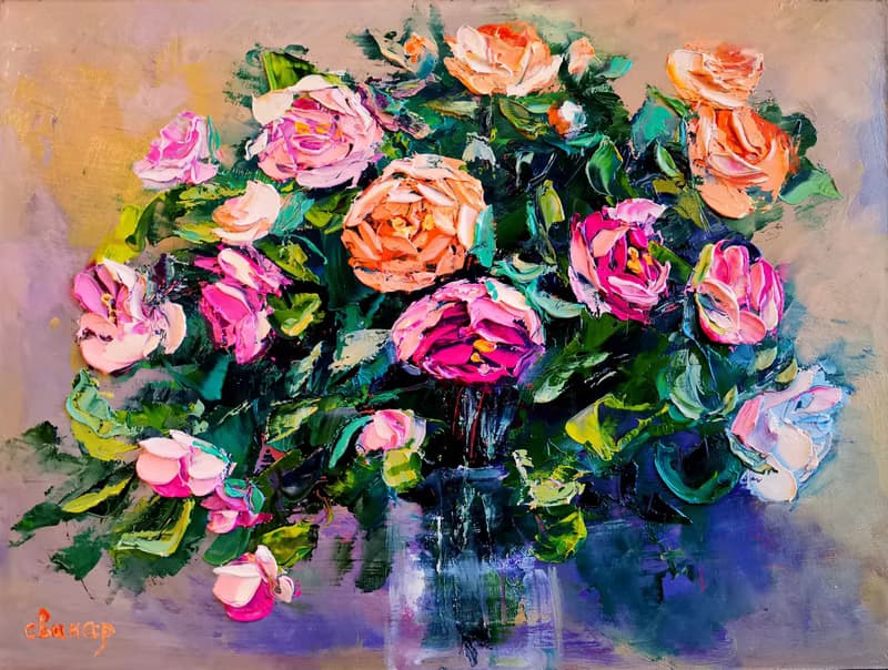 Pink Yellow Roses Flower Bouquet Vase Oil Painting Impasto Original ArtistSvinar